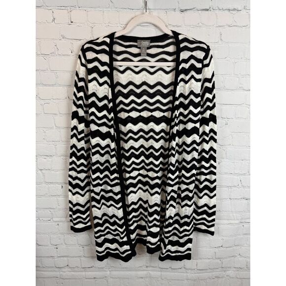 CHICO'S Travelers black white striped chevron rayon open front cardigan size 0 S - Picture 1 of 6